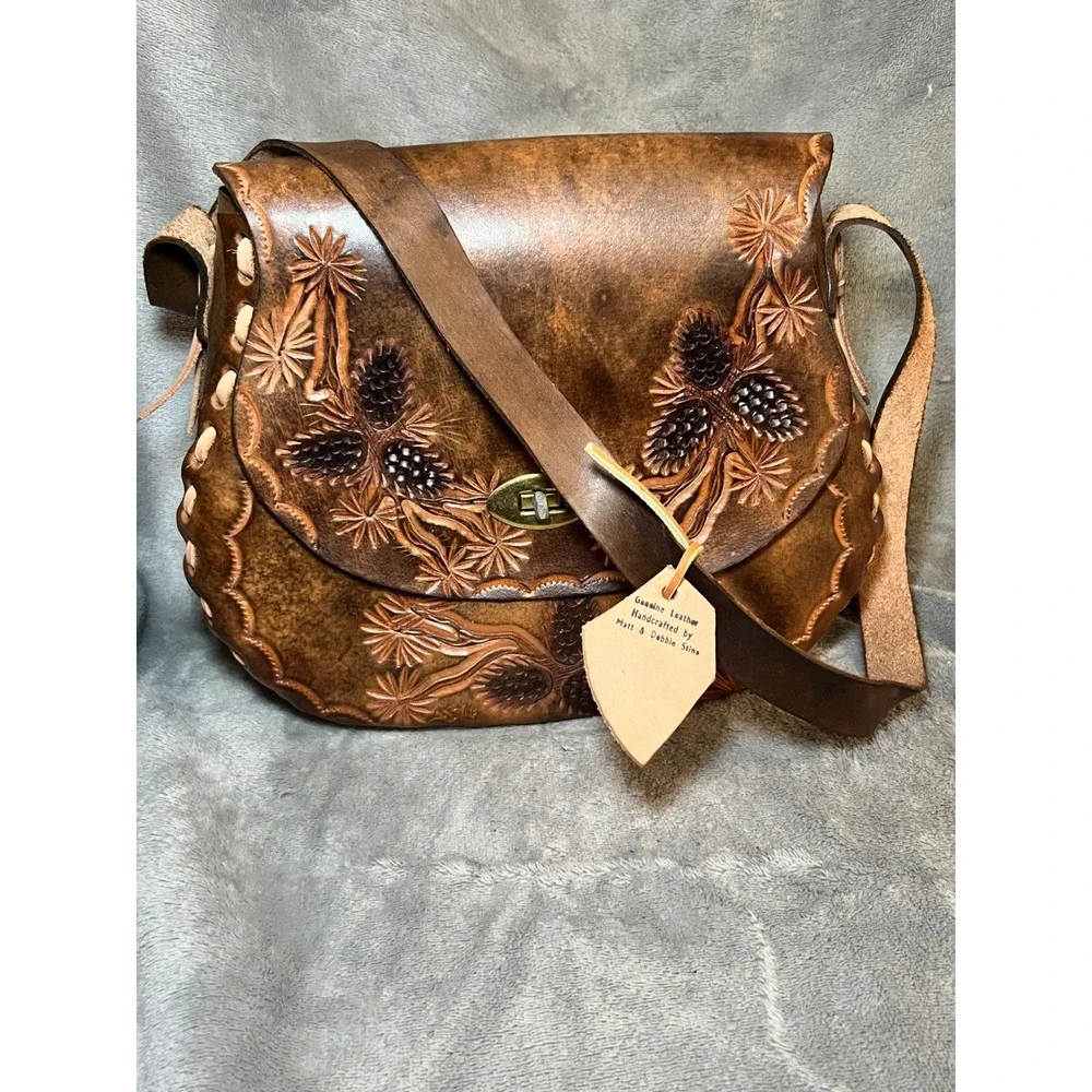 Hand Tooled Leather Pinecone Crossbody Bag Rustic Western Artisan Purse Whimsy